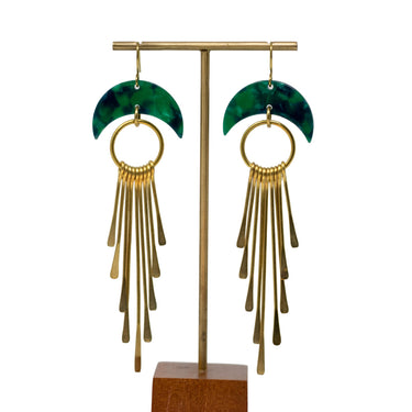 Deep Green Moon Fringe Earrings