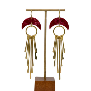 Deep Red Moon Fringe Earrings