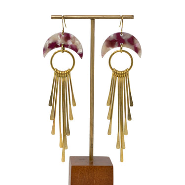 Maroon and White Moon Fringe Earrings